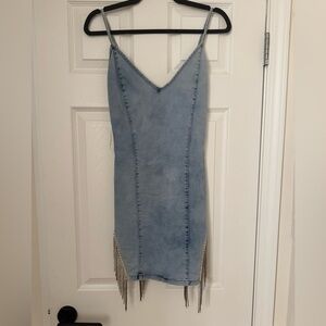 Denim Dress with Rhinestone Fringe Detail